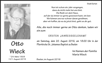 Traueranzeige von Otto Wieck von Die Glocke