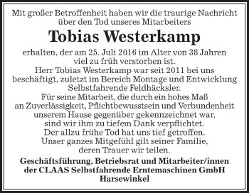 Traueranzeige von Tobias Westerkamp von Die Glocke