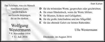 Traueranzeige von Wolfgang Westermann von Die Glocke