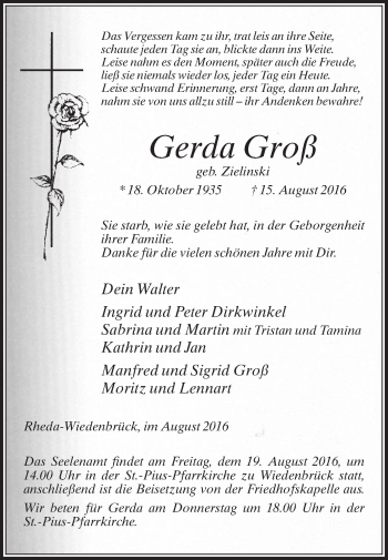 Traueranzeige von Gerda Groß von Die Glocke