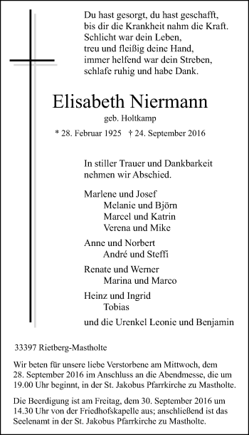 Traueranzeige von Elisabeth Niermann von Die Glocke