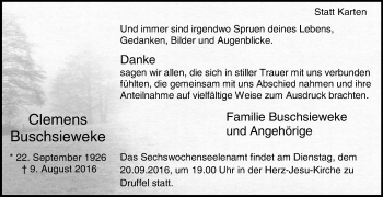Traueranzeige von Clemens Buschsieweke von Die Glocke