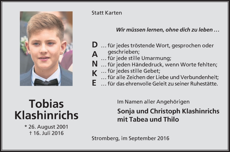  Traueranzeige für Tobias Klashinrichs vom 10.09.2016 aus Die Glocke
