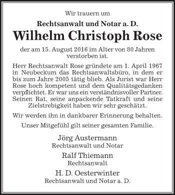 Traueranzeige von Wilhelm Christoph Rose von Die Glocke