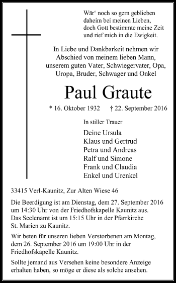 Traueranzeige von Paul Graute von Die Glocke