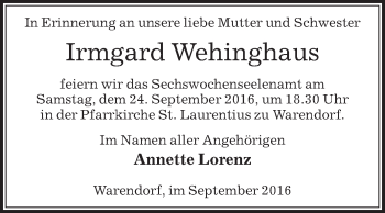 Traueranzeige von Irmgard Wehinghaus von Die Glocke