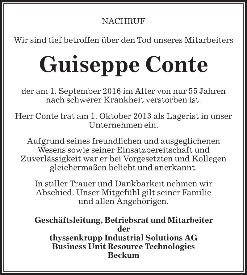  Traueranzeige für Giuseppe Conte vom 08.09.2016 aus Die Glocke