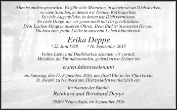 Traueranzeige von Erika Deppe von Die Glocke