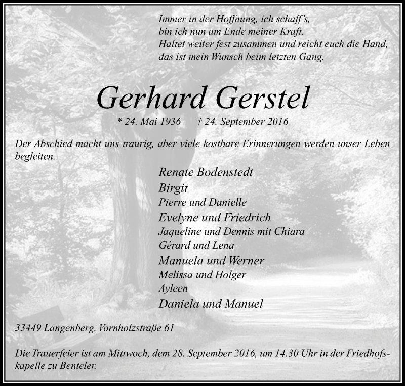  Traueranzeige für Gerhard Gerstel vom 26.09.2016 aus Die Glocke