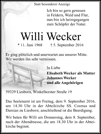 Traueranzeige von Willi Wecker von Die Glocke