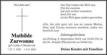 Traueranzeige von Mathilde Zurwonne von Die Glocke