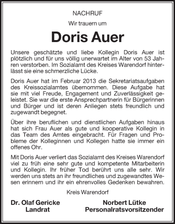 Traueranzeige von Doris Auer von Die Glocke