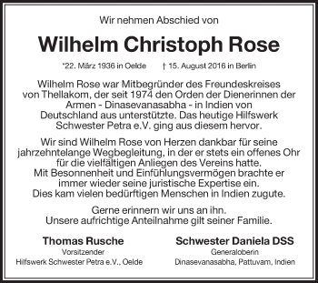 Traueranzeige von Wilhelm Christoph Rose von Die Glocke