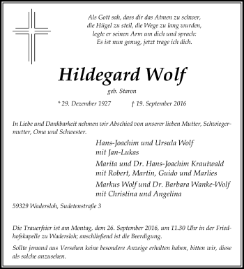 Traueranzeige von Hildegard Wolf von Die Glocke