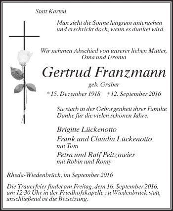 Traueranzeige von Gertrud Franzmann von Die Glocke