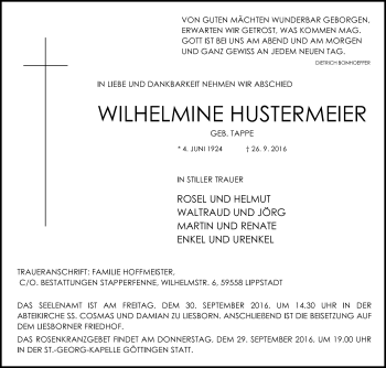 Traueranzeige von Wilhelmine Hustermeier von Die Glocke