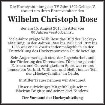 Traueranzeige von Wilhelm Christoph Rose von Die Glocke