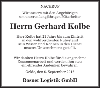 Traueranzeige von Gerhard Kolbe von Die Glocke