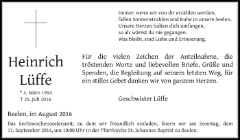 Traueranzeige von Heinrich Lüffe von Die Glocke
