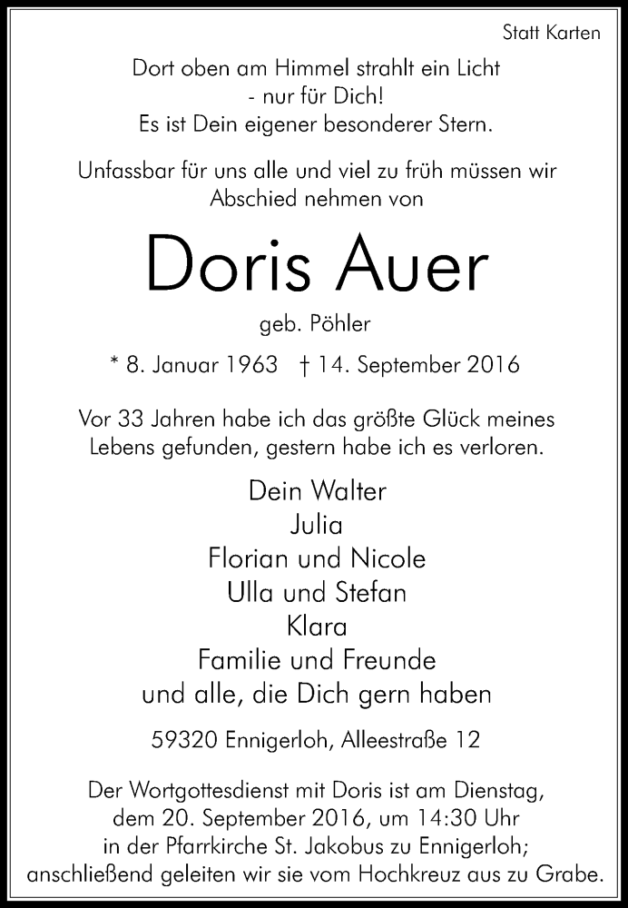  Traueranzeige für Doris Auer vom 17.09.2016 aus Die Glocke