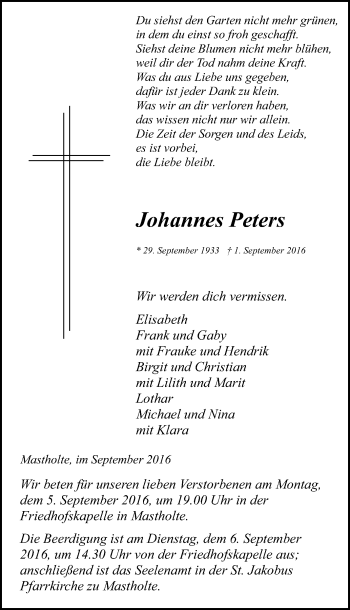 Traueranzeige von Johannes Peters von Die Glocke