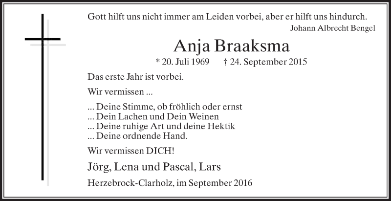  Traueranzeige für Anja Braaksma vom 24.09.2016 aus Die Glocke