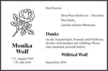 Traueranzeige von Monika Wolf von Die Glocke