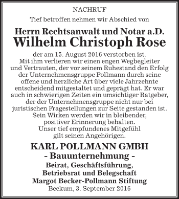 Traueranzeige von Wilhelm Christoph Rose von Die Glocke