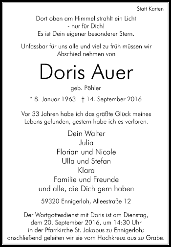 Traueranzeige von Doris Auer von Die Glocke