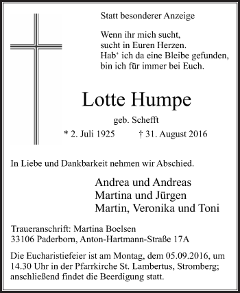 Traueranzeige von Lotte Humpe von Die Glocke