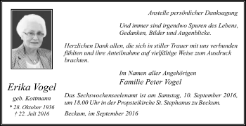 Traueranzeige von Erika Vogel von Die Glocke