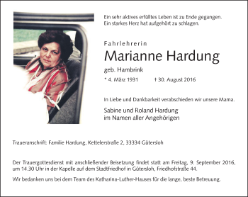 Traueranzeige von Marianne Hardung von Die Glocke