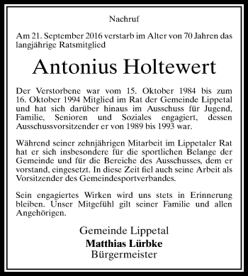 Traueranzeige von Antonius Holtewert von Die Glocke