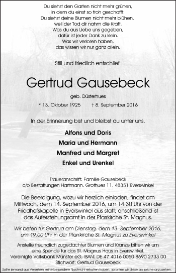 Traueranzeige von Gertrud Gausebeck von Die Glocke