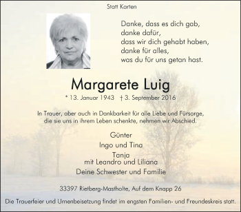 Traueranzeige von Margarete Luig von Die Glocke