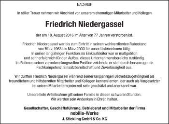 Traueranzeige von Friedrich Niedergassel von Die Glocke