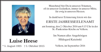 Traueranzeige von Luise Heese von Die Glocke