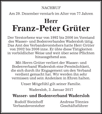 Traueranzeige von Franz-Peter Grüter von Die Glocke