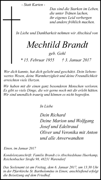 Traueranzeige von Mechtild Brandt von Die Glocke