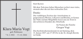 Traueranzeige von Klara Maria Vogt von Die Glocke