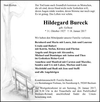 Traueranzeige von Hildegard Bureck von Glocke Trauer