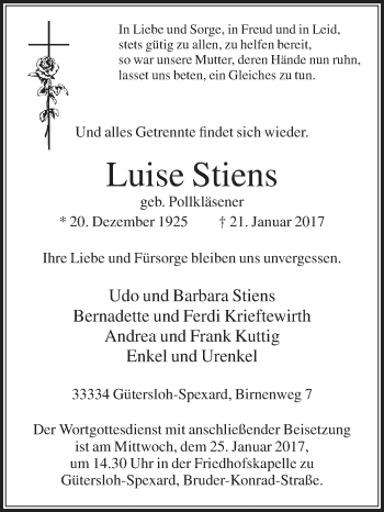 Traueranzeige von Luise Stiens von Glocke Trauer