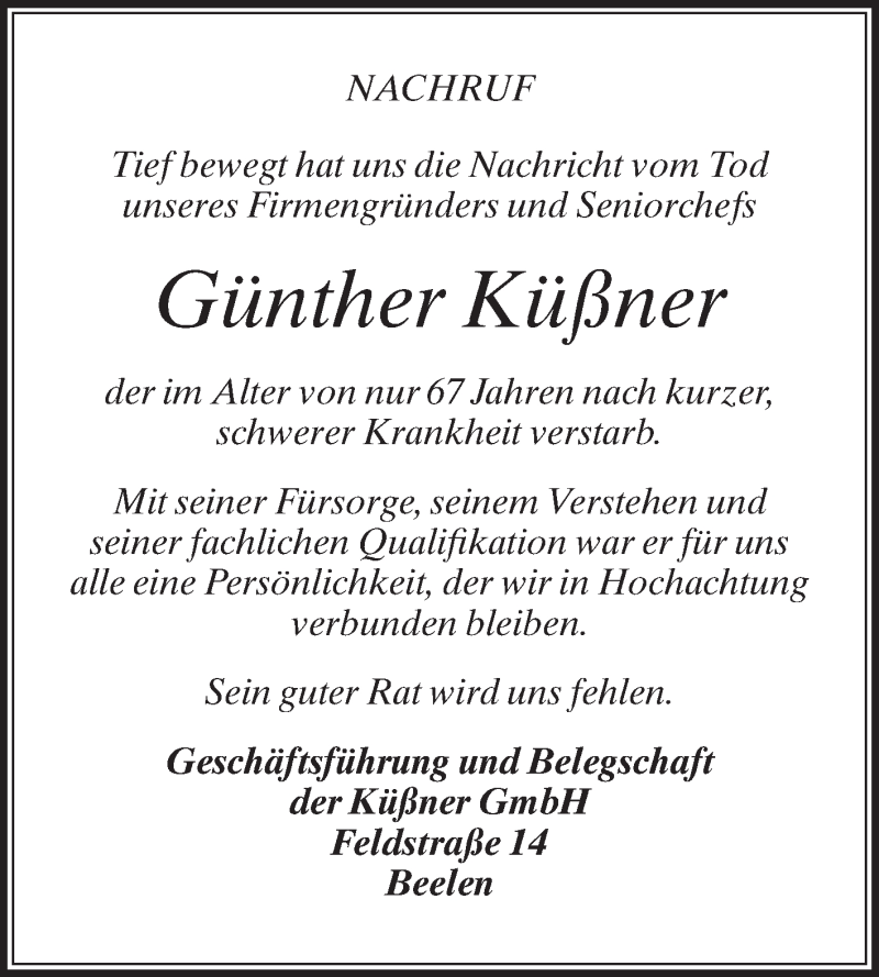  Traueranzeige für Günther Küßner vom 14.01.2017 aus Die Glocke