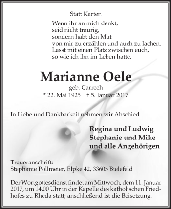 Traueranzeige von Marianne Oele von Die Glocke