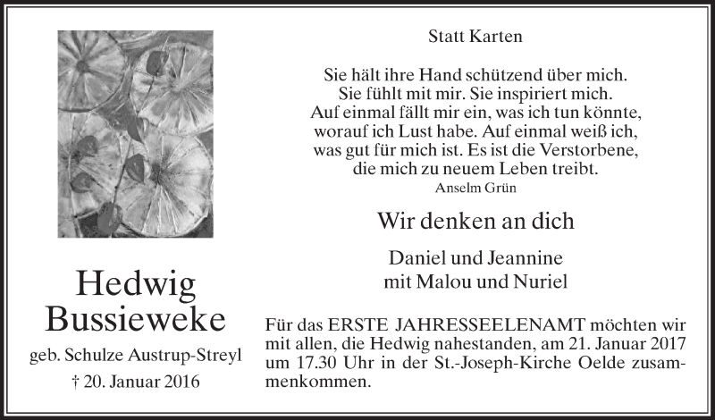 Traueranzeige für Hedwig Bussieweke vom 18.01.2017 aus Die Glocke