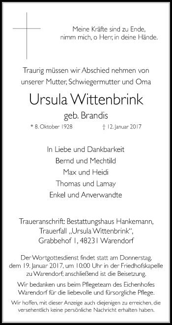 Traueranzeige von Ursula Wittenbrink von Die Glocke