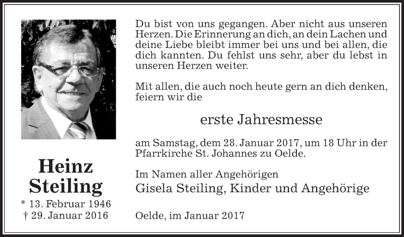  Traueranzeige für Heinz Steiling vom 24.01.2017 aus Glocke Trauer