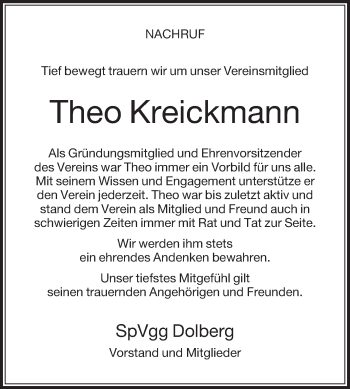 Traueranzeige von Theo Kreickmann von Die Glocke