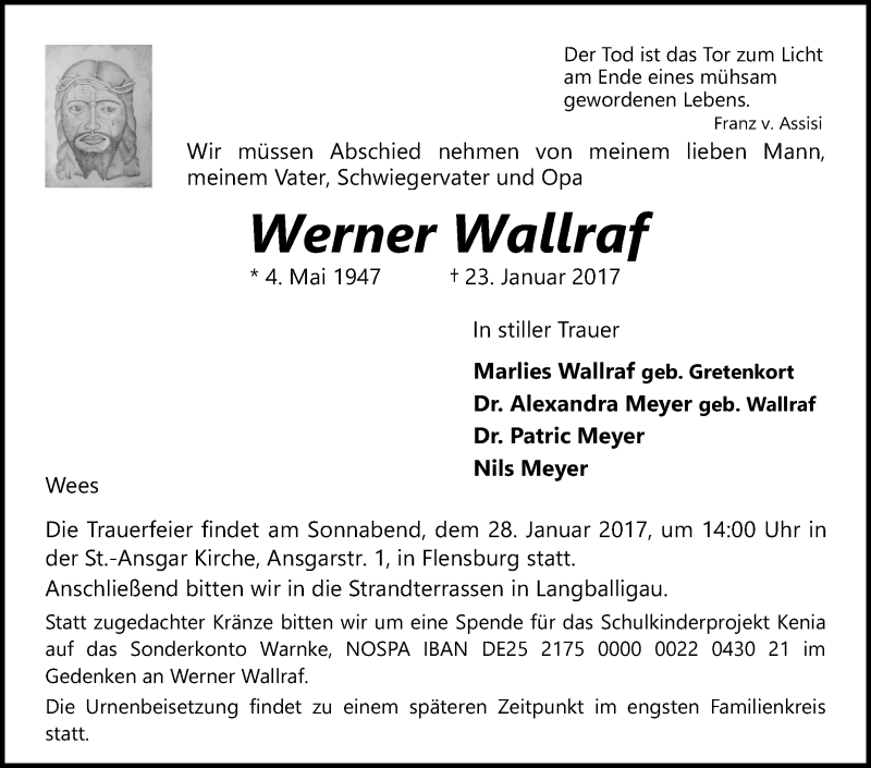  Traueranzeige für Werner Wallraf vom 25.01.2017 aus Glocke Trauer