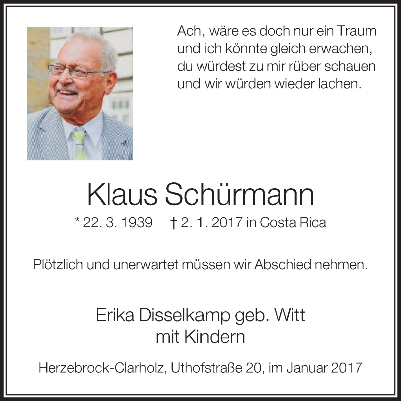  Traueranzeige für Klaus Schürmann vom 14.01.2017 aus Die Glocke